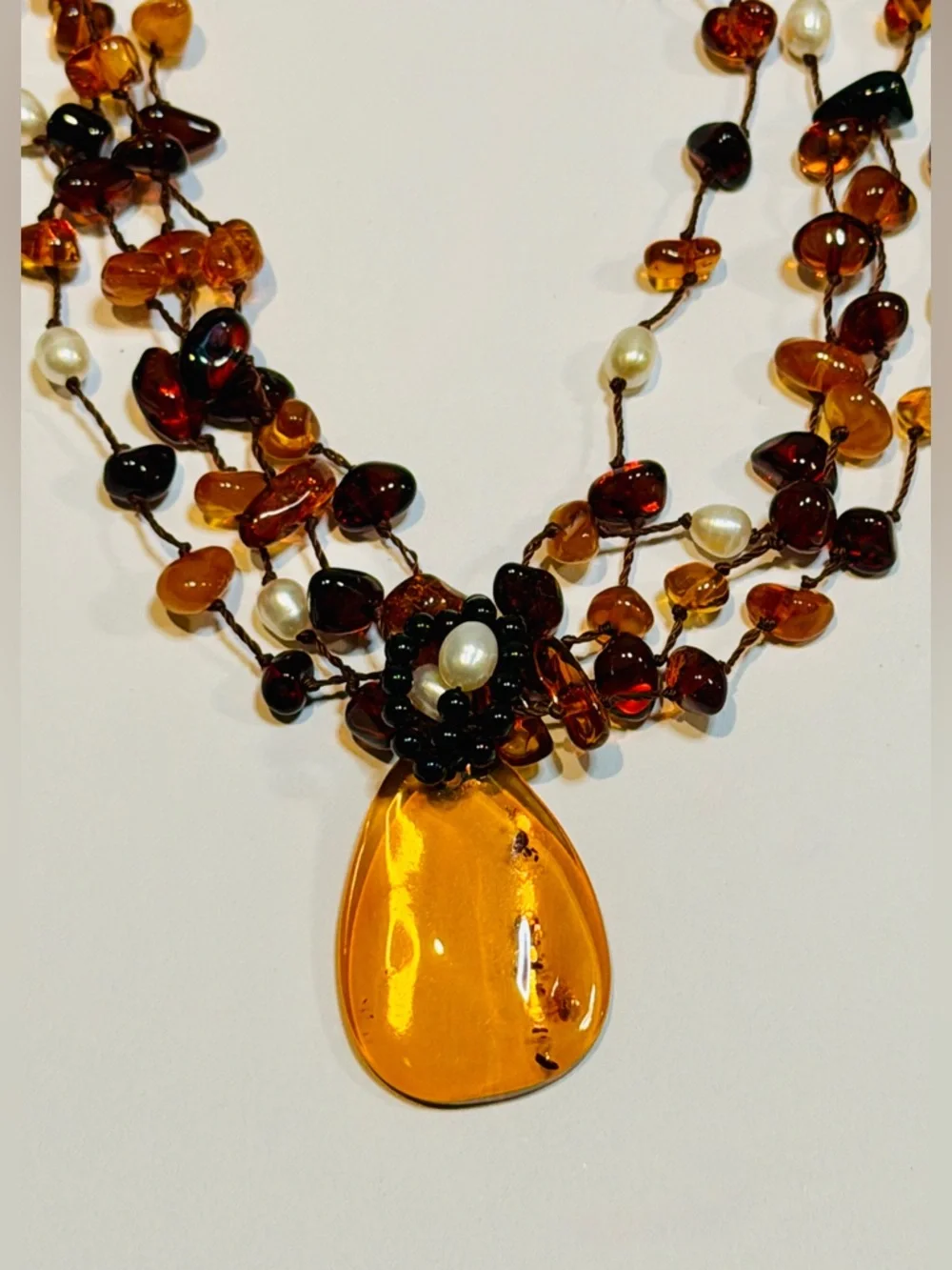 Boho Multi Strand Amber Necklace w/ Large Pendant Statement Piece - Picture 2 of 7